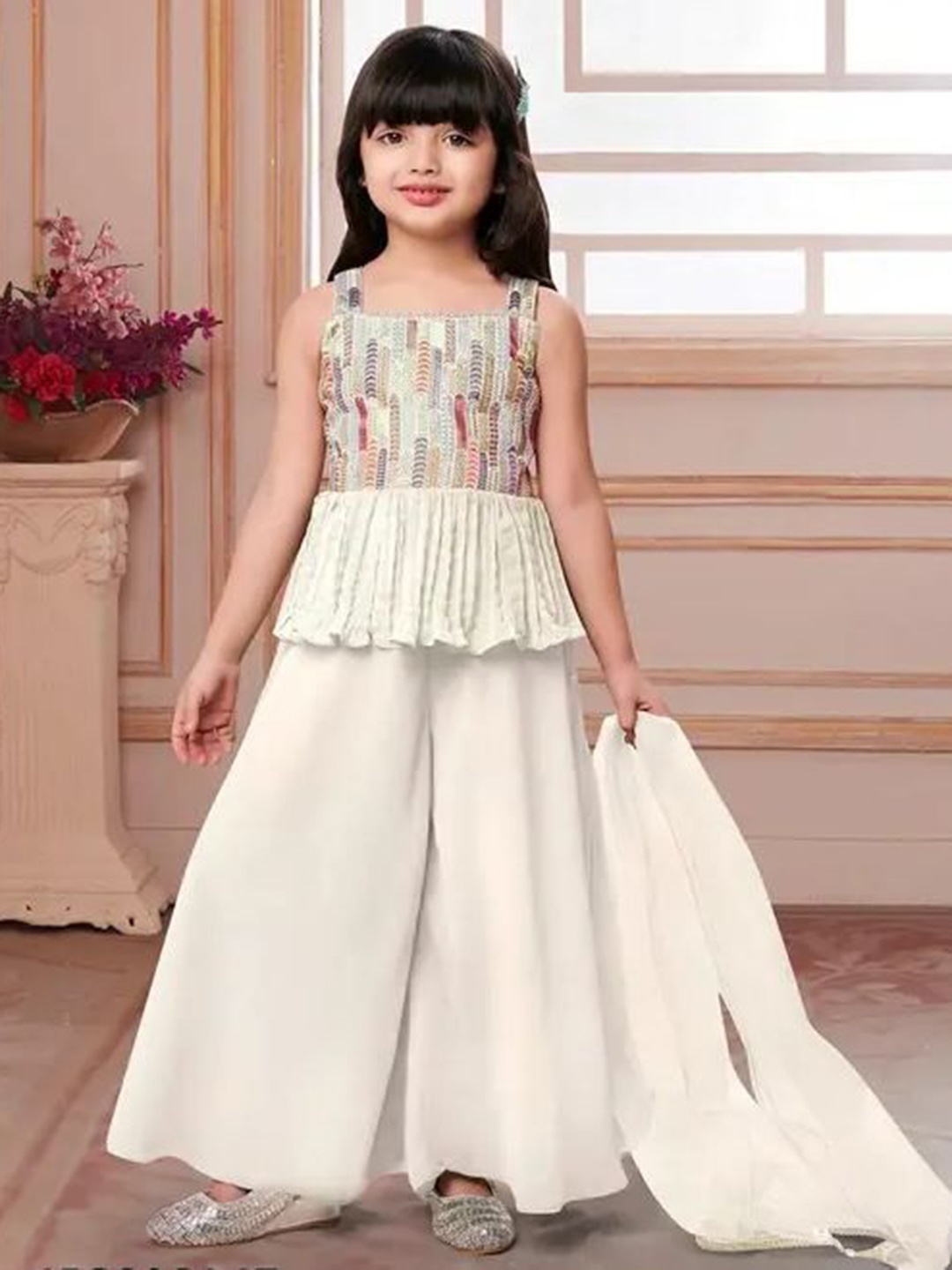 

JEVIK CREATION Girls Embellished Sleeveless Top With Palazzo & Dupatta, White