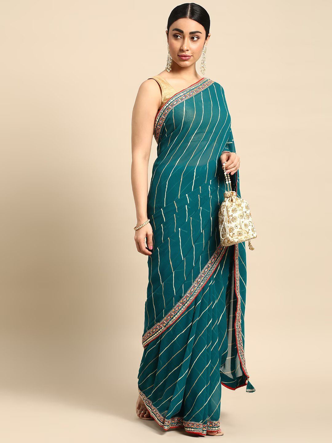 

DIVASTRI Leheriya Gotta Patti Poly Chiffon Leheriya Saree, Teal