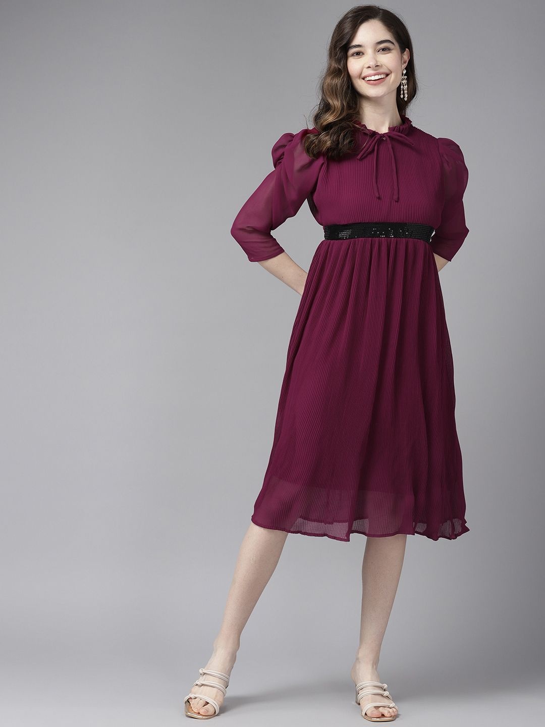 

CORSICA Pleated Sequined Embellished Tie-Up Neck Georgette Empire Dress, Purple