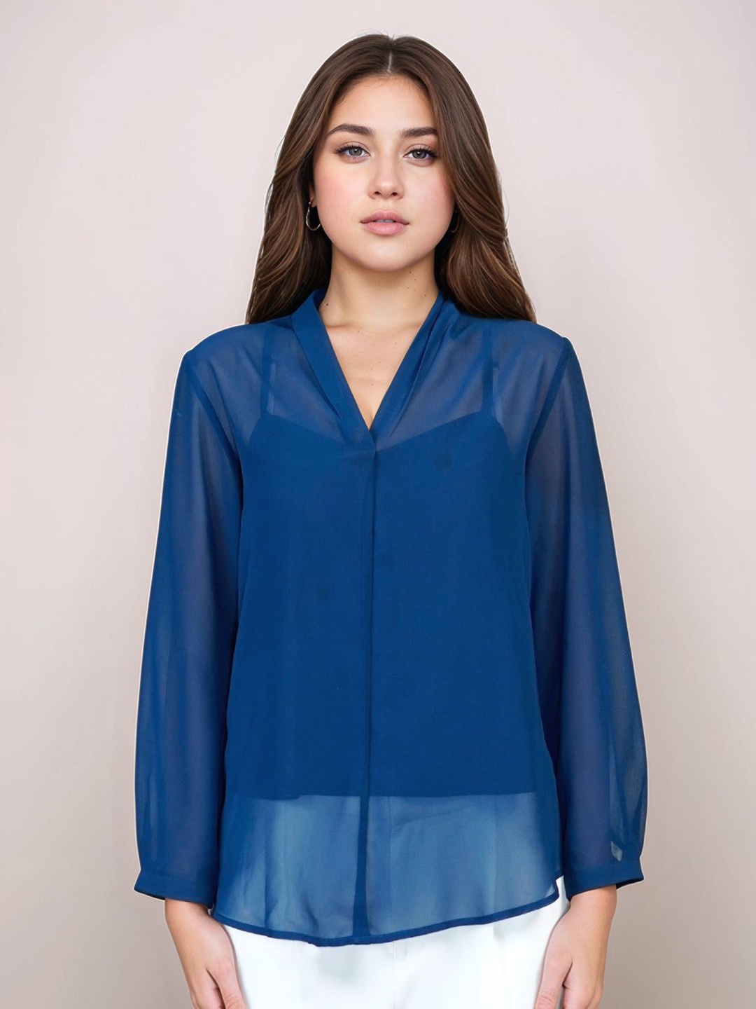 

Zink London Women Navy Blue Solid 3/4th Sleeves Top
