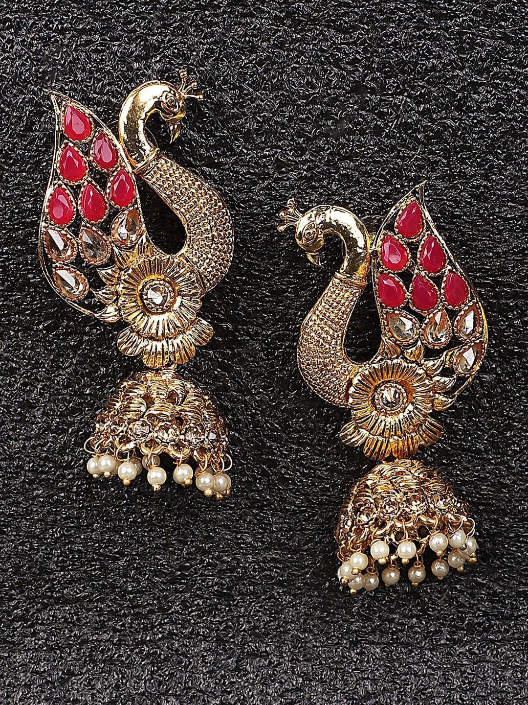 

Anouk Peacock Shaped Jhumkas Earrings, Pink