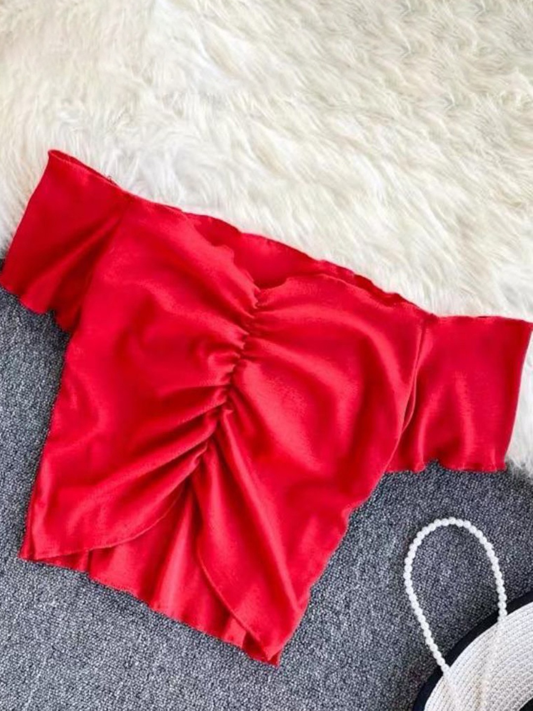 

MADE FOR HER LABEL Rhea Off Shoulder Drawstring Detailing Crop Top For Women, Red