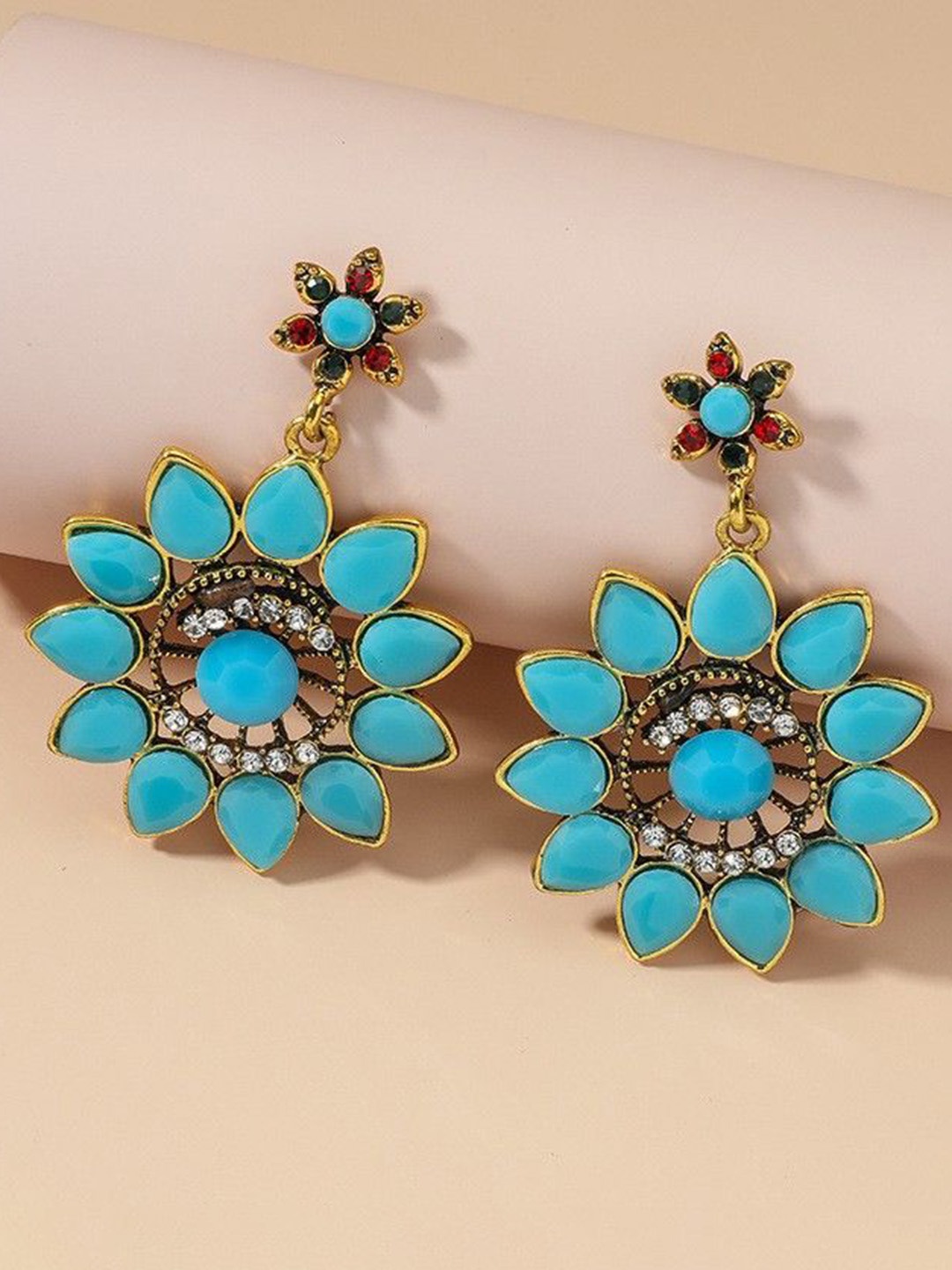 

FASHION STROM Brass-Plated Artificial Stones Studded Floral Shaped Drop Earrings, Gold