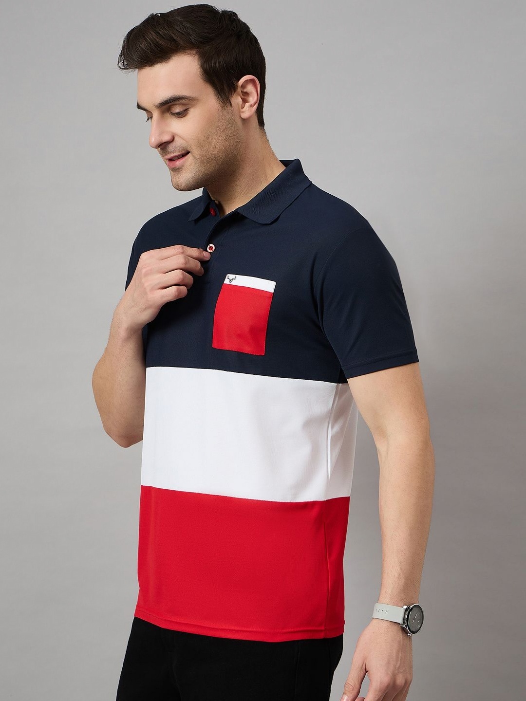 

BRONATION Men Colourblocked Polo Collar Cotton T-shirt, Navy blue