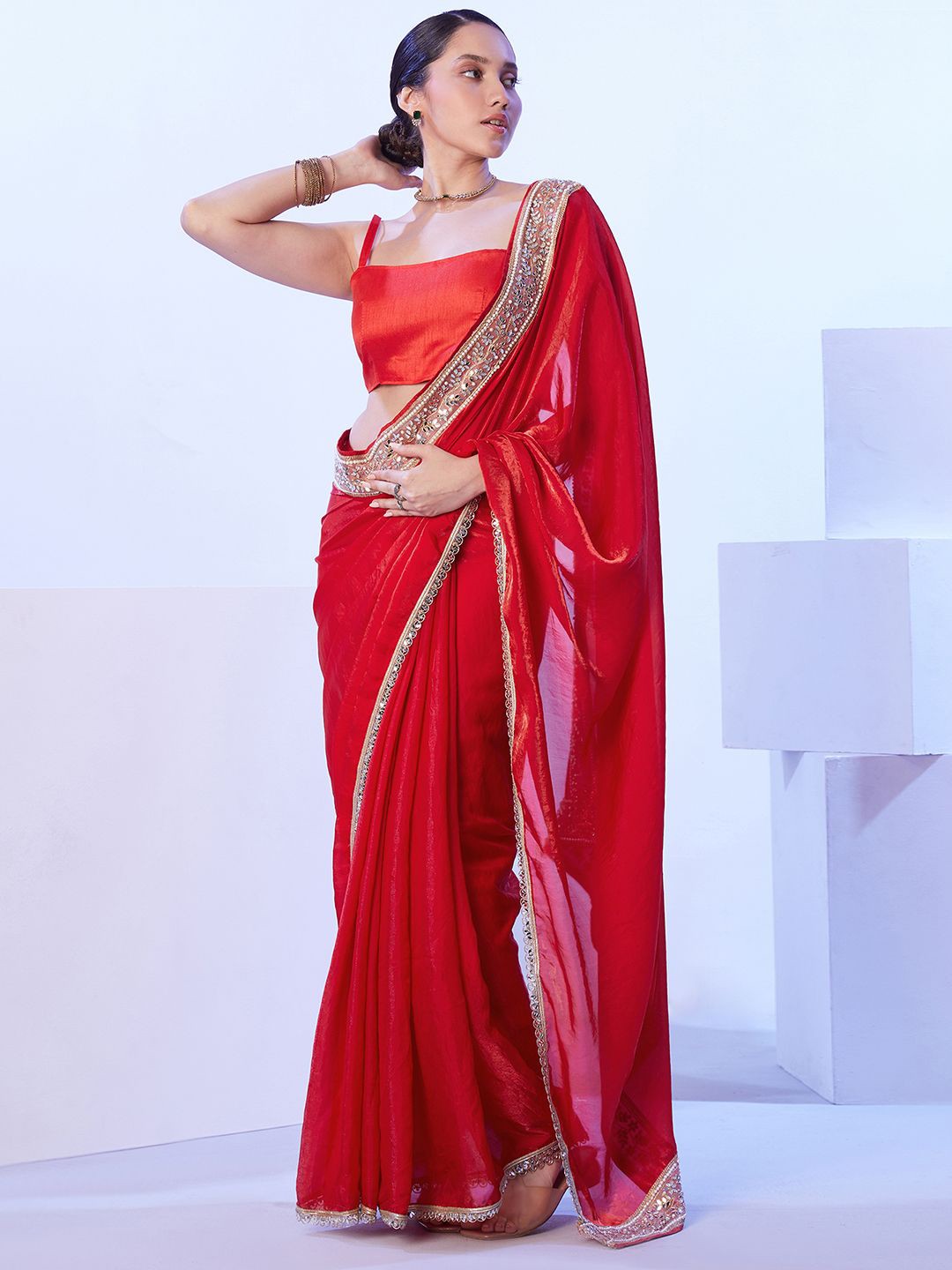 

Satrani Embroidered Tissue Saree, Red