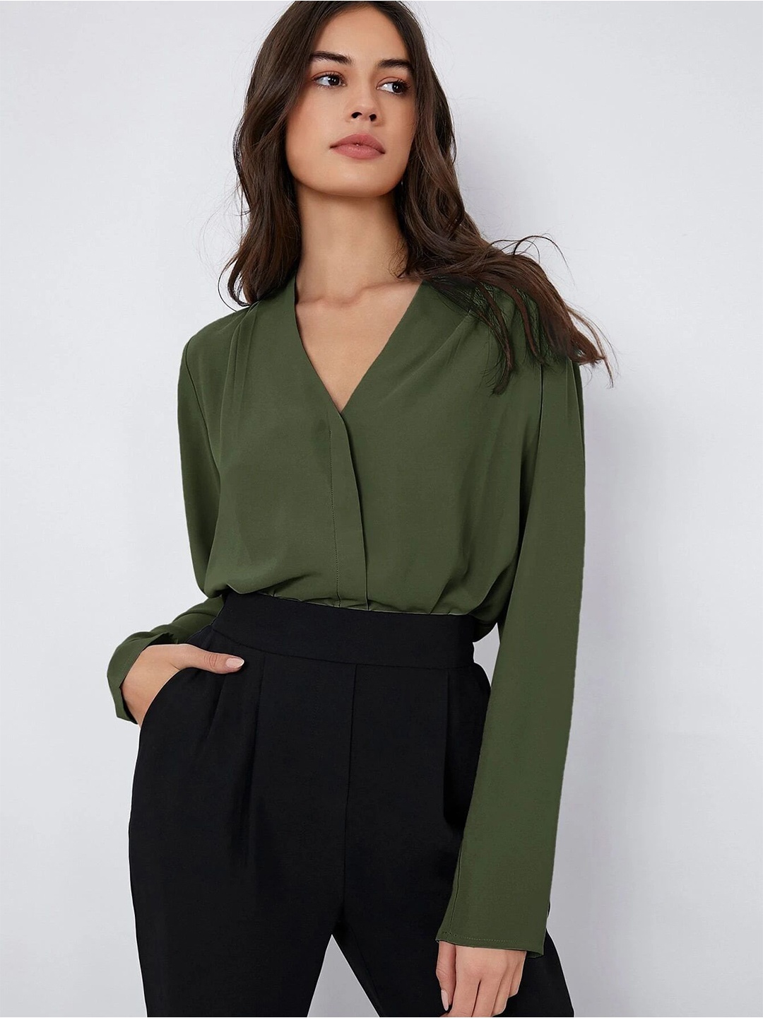 

FNOCKS Women V-Neck Solid Formal Tunic, Olive