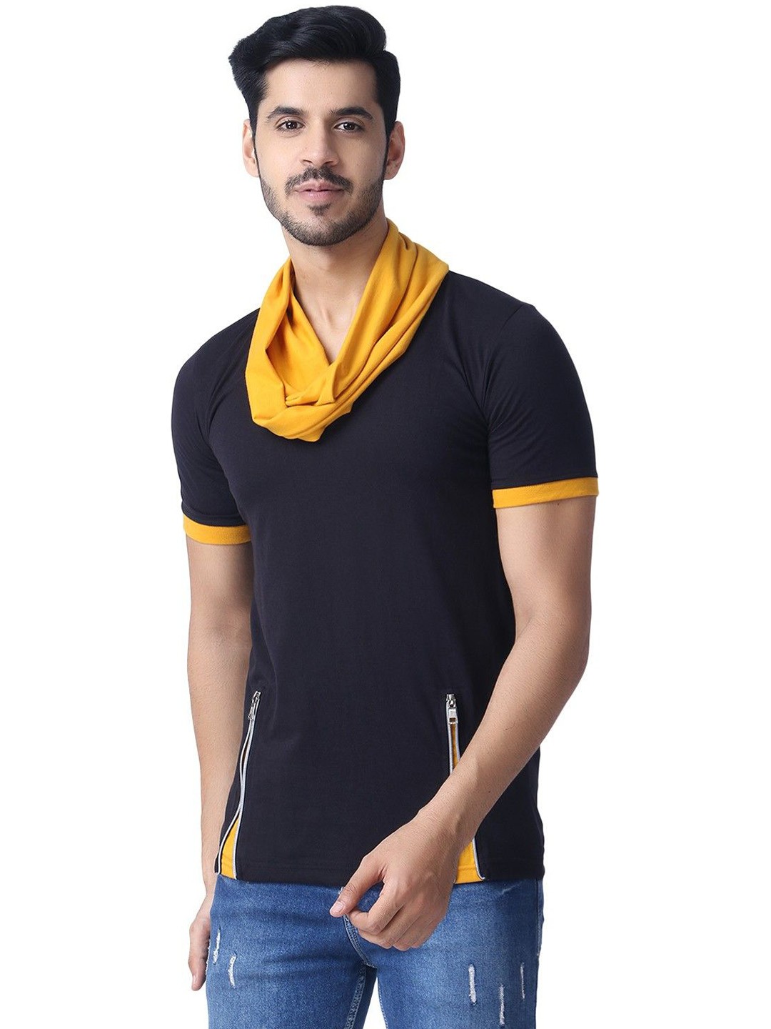 

Black Collection Men Solid Cowl Neck Cotton Slim Fit T-shirt