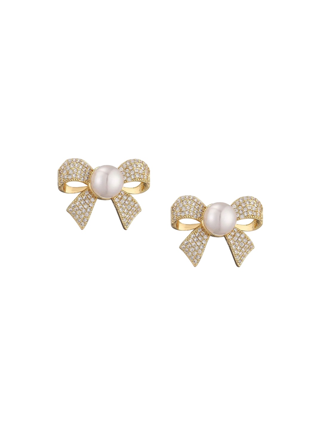 

Celestique Pearls & Zircon Studded Bow Shaped Studs, Gold