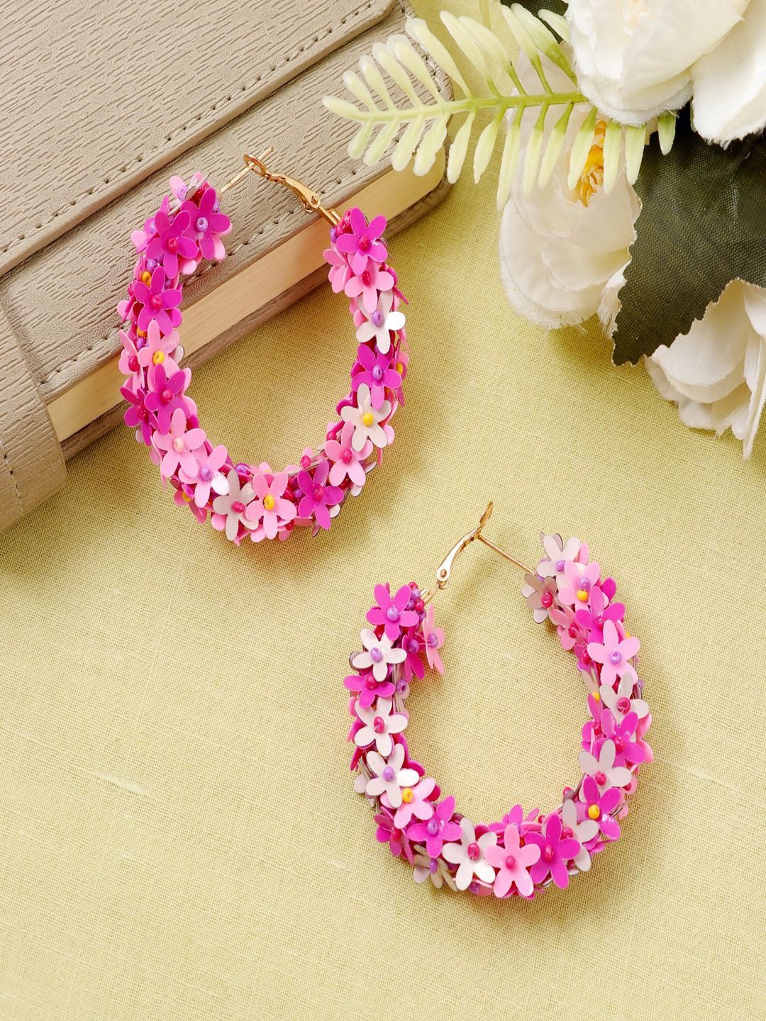 

DressBerry Gold-Plated Pink Artificial Beaded Floral Hoop Earrings