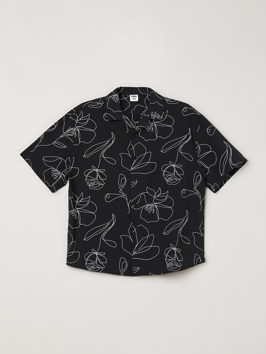 

max Boys Cuban Collar Floral Printed Cotton Casual Shirt, Black