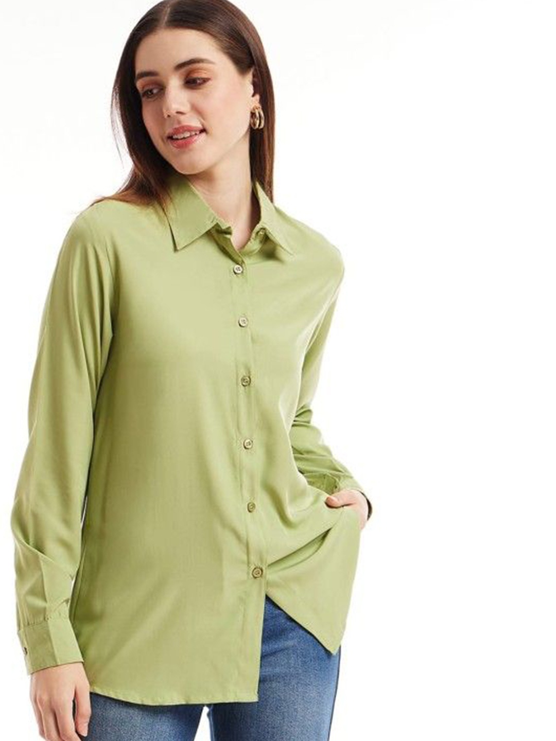 

DressBerry Women Spread Collar Solid Casual Shirt, Olive