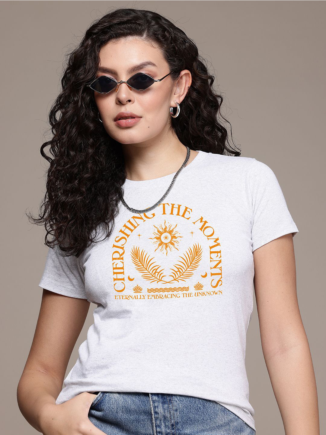 

The Roadster Lifestyle Co. Women Regular Fit Graphic Printed Round Neck Cotton T-shirt, White