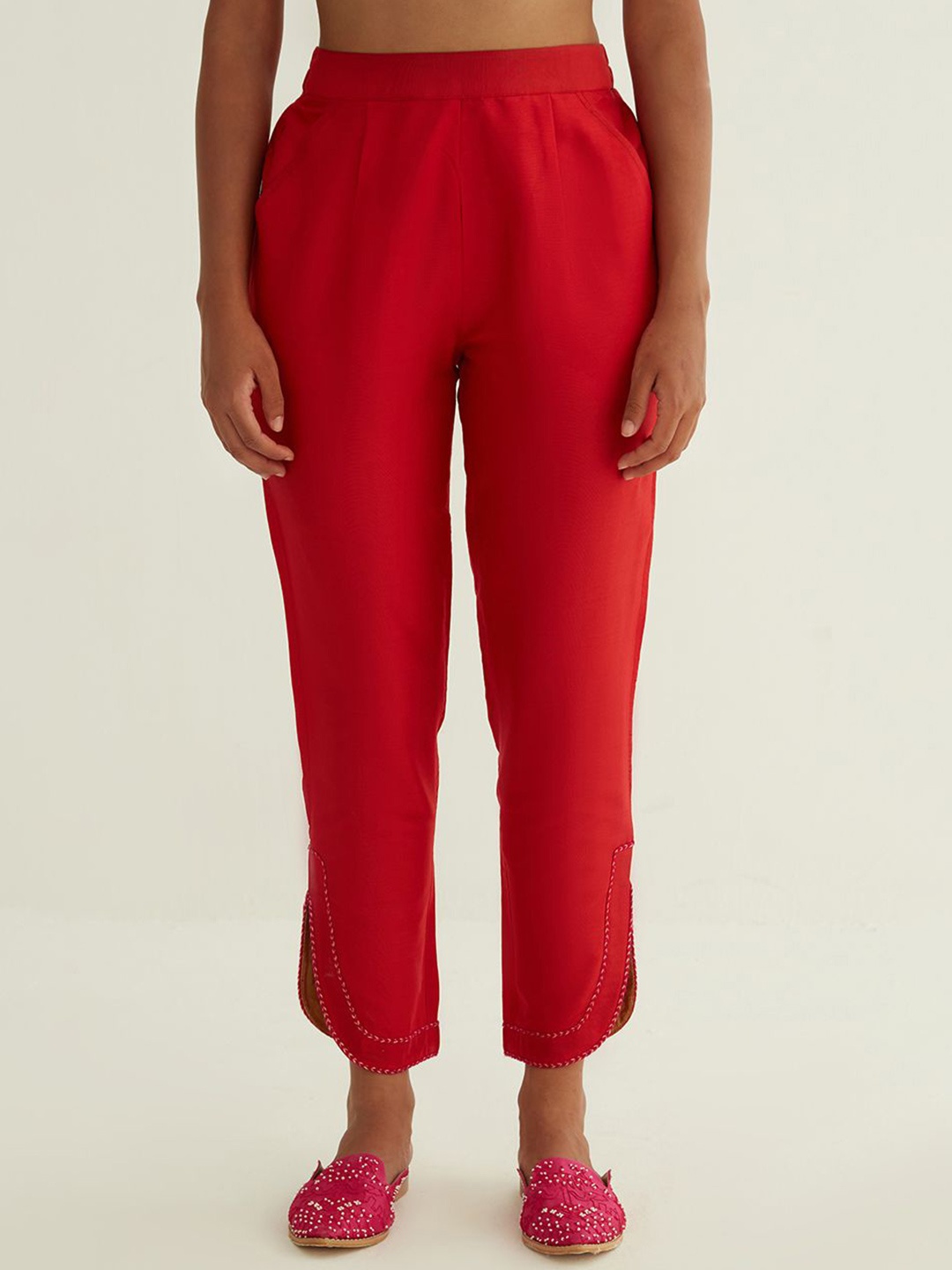 

Abhishti Women Curved Hem Pants Highlighted With Lace, Red