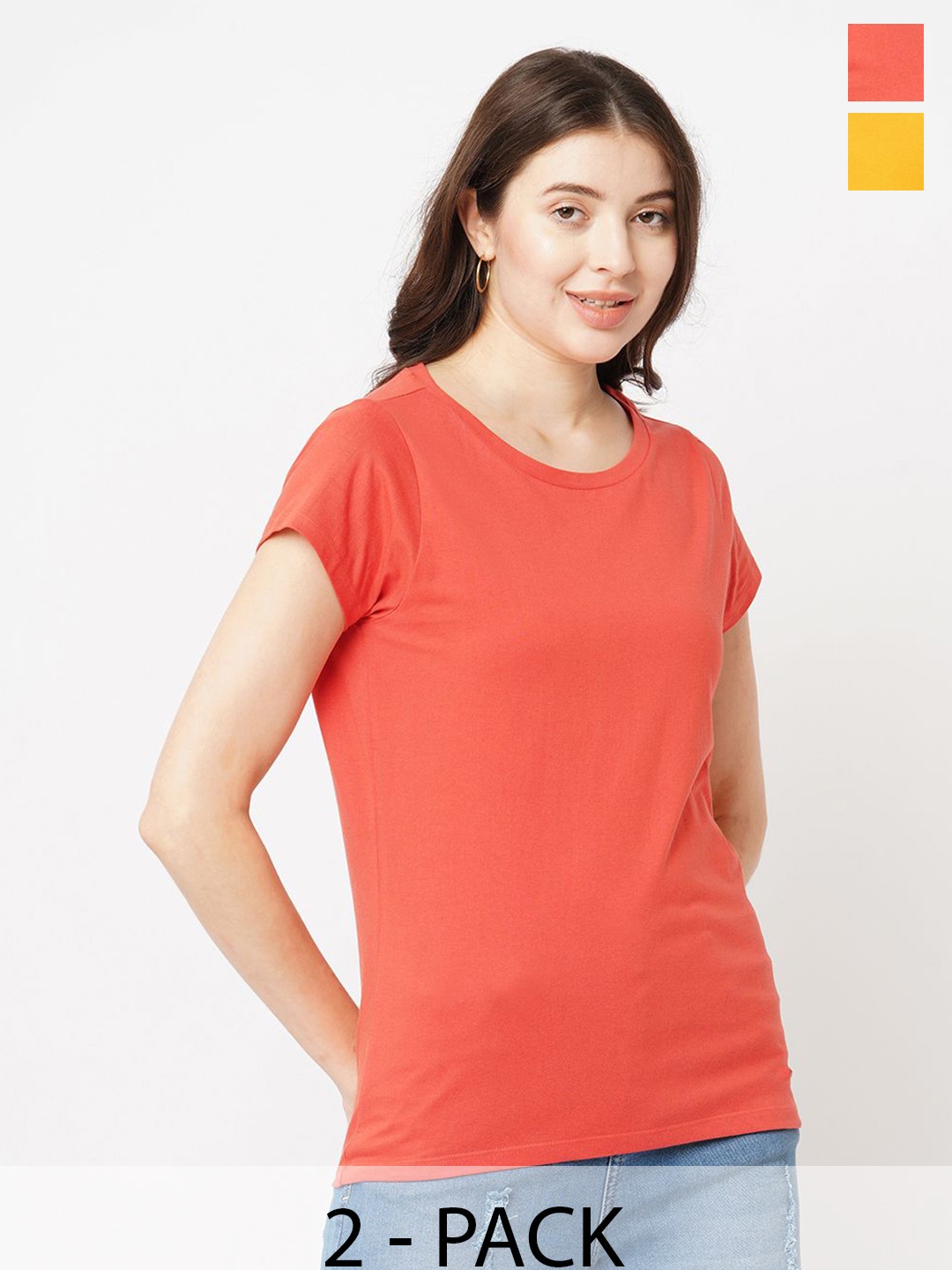 

The Roadster Lifestyle Co. Women Pack Of 2 Solid Round Neck Cotton T-shirts, Orange