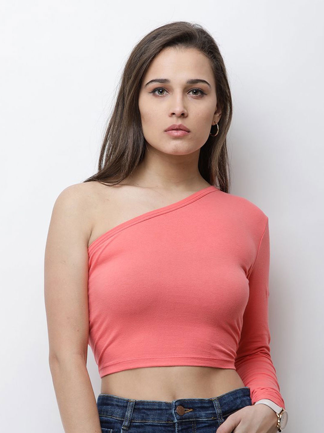 

Moda Rapido One Shoulder Cotton Crop Top, Coral