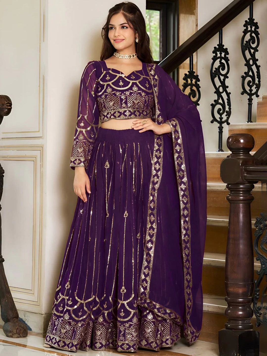 

Kedar Fab Embroidered Georgette Semi-Stitched Lehenga & Unstitched Blouse With Dupatta, Purple