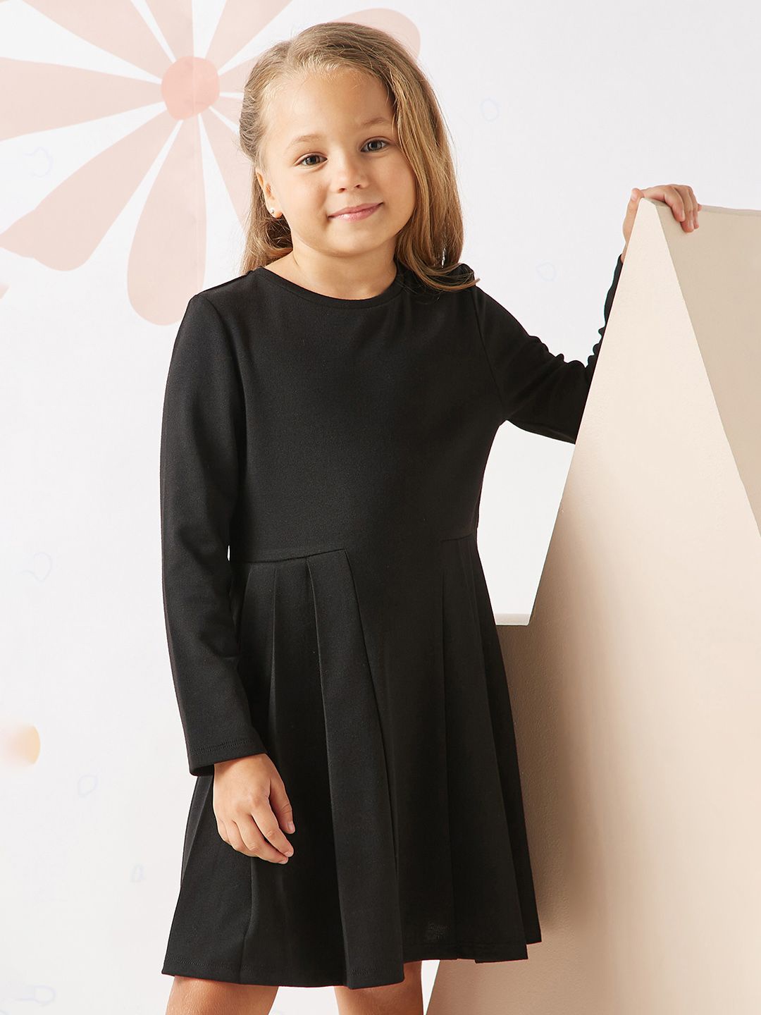 

max Girl Solid Fit & Flare Long Sleeves Ready to Wear Dress, Black
