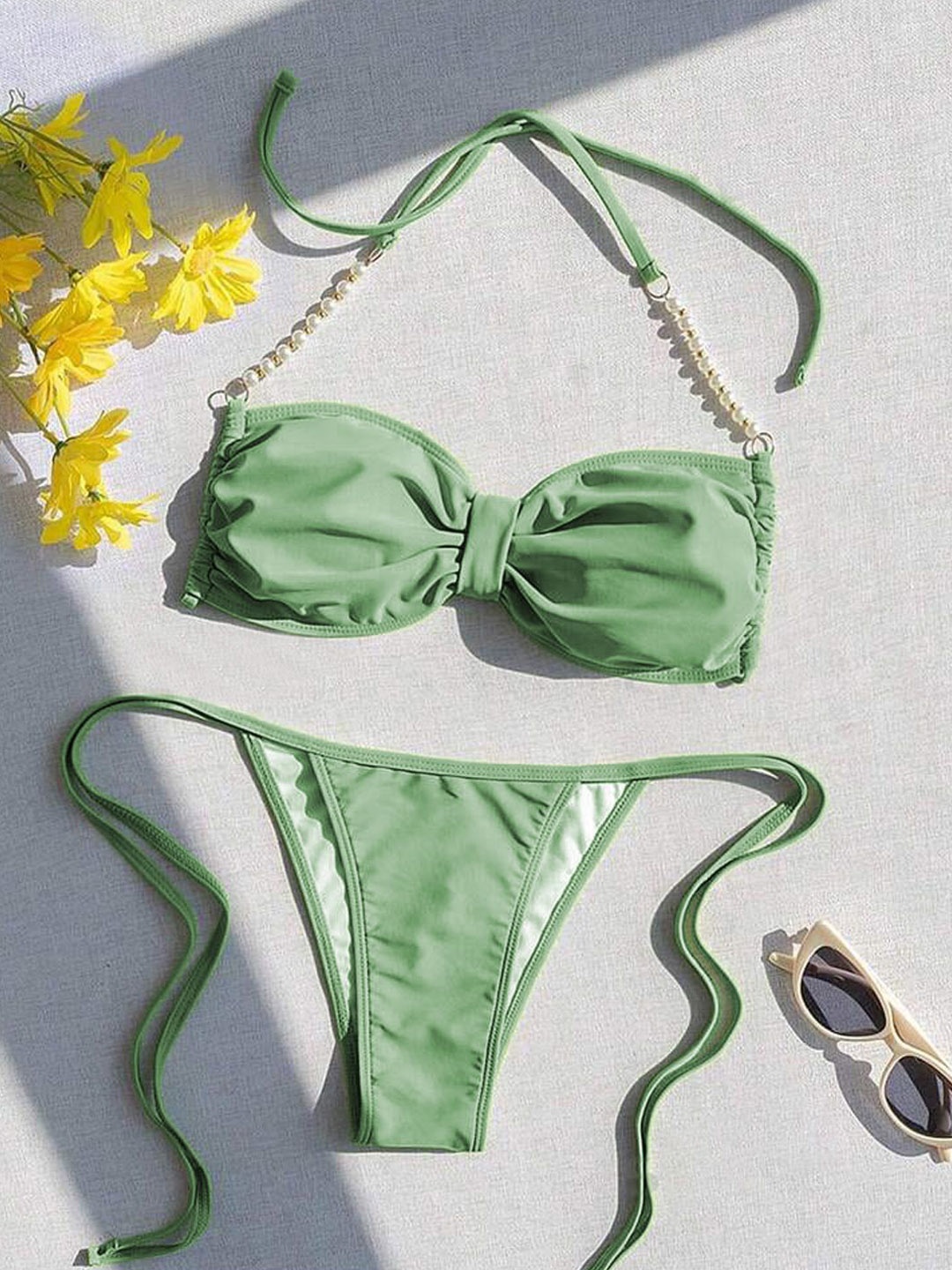 

FIMBUL Halter Neck Beaded Work Swim Bikini Set, Sea green