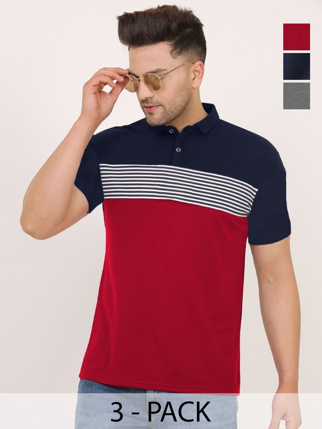 

Leotude Men Pack Of 3 Colourblocked Polo Collar Cotton T-shirts, Navy blue