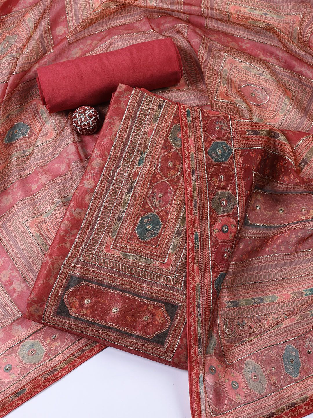 

Meena Bazaar Floral Printed Chanderi Unstitched Dress Material, Pink