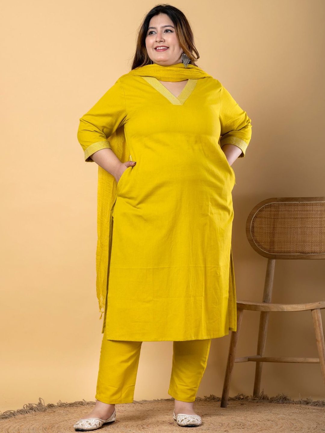 

Readiprint V-Neck Thread Work Pure Cotton Straight Kurta With Trouser & Dupatta, Yellow
