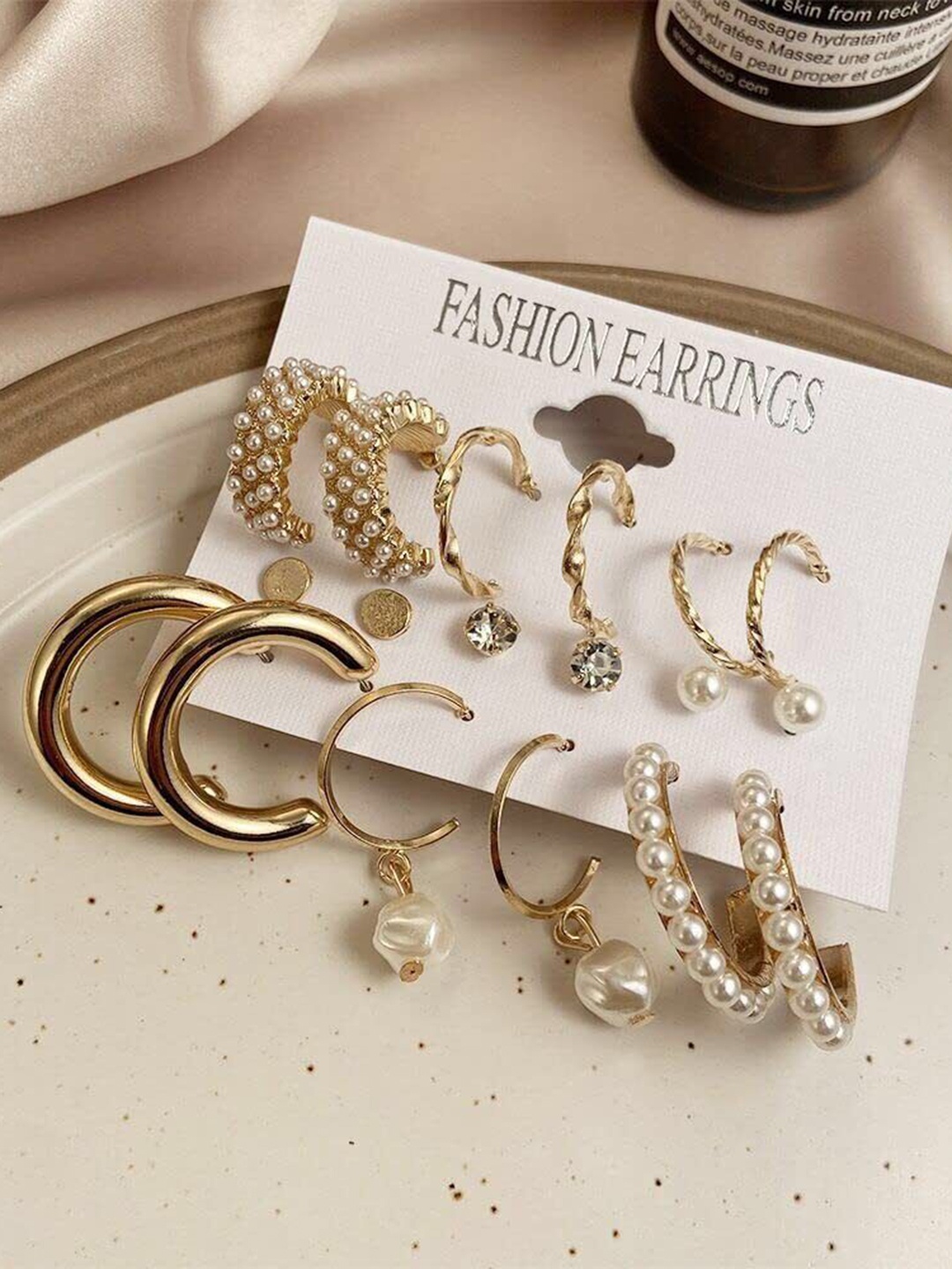 

Celestique Set Of 9 Gold-Plated Pearls Beaded Contemporary Shaped Half Hoop Earrings