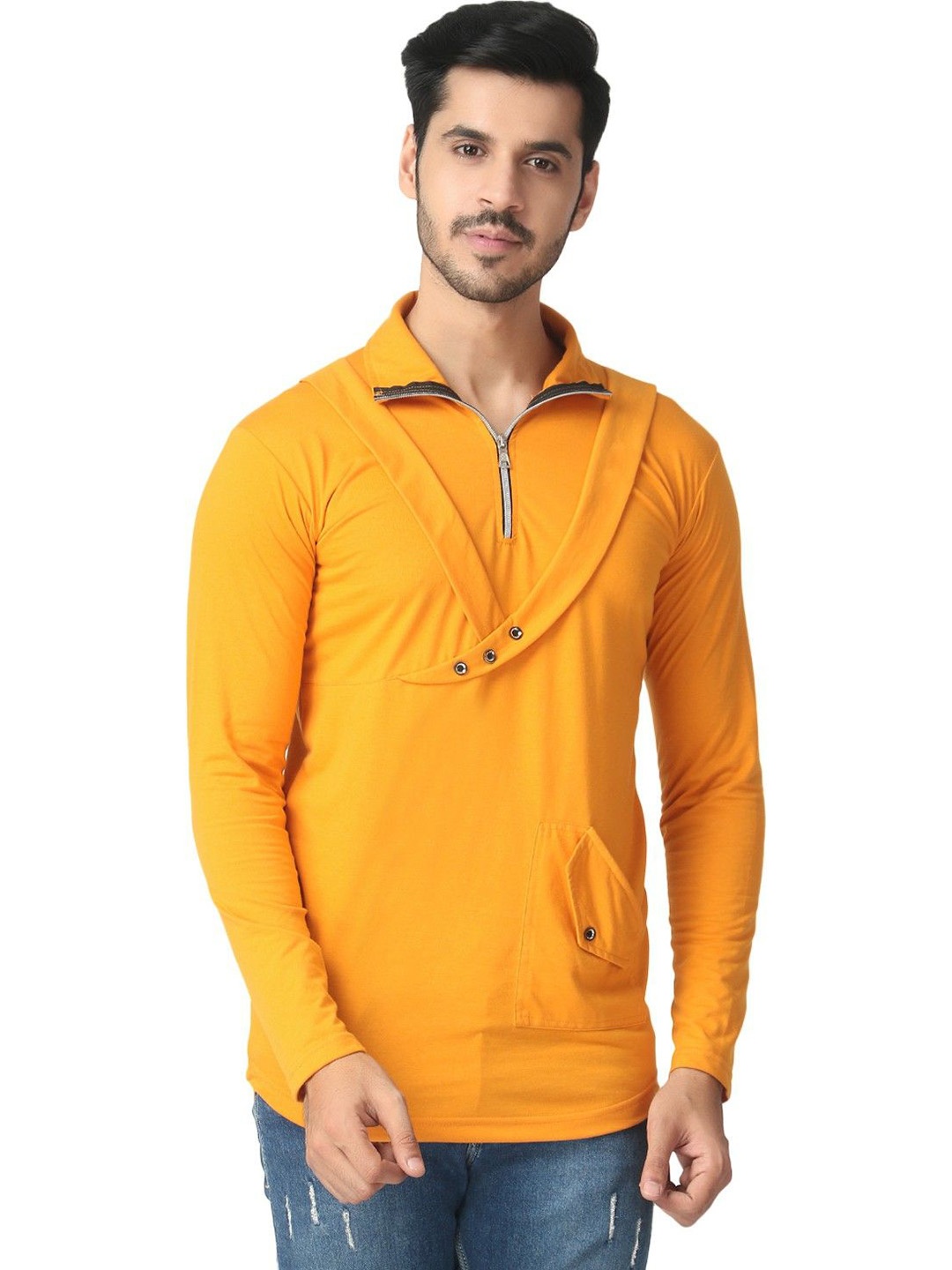 

Black Collection Men Solid High Neck Cotton T-shirt, Mustard
