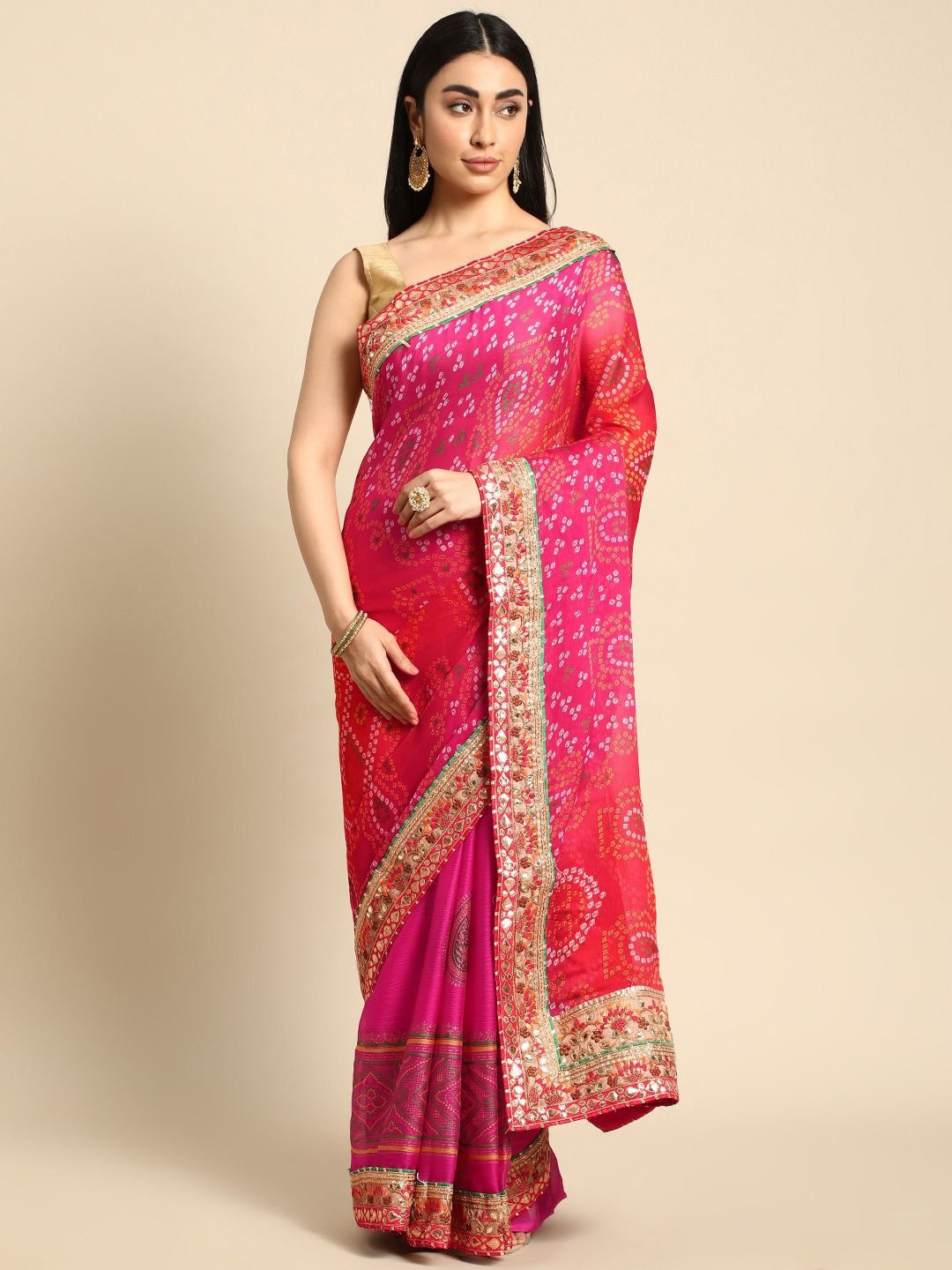 

DIVASTRI Bandhani Gotta Patti Poly Georgette Bandhani Saree, Pink