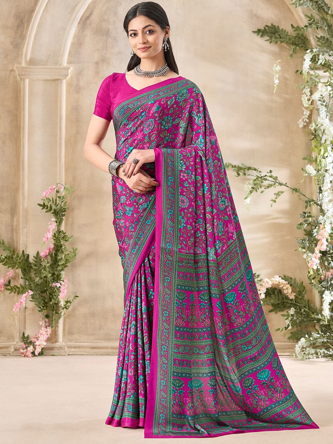 

LeeliPeeri Designer Floral Poly Crepe Saree, Pink