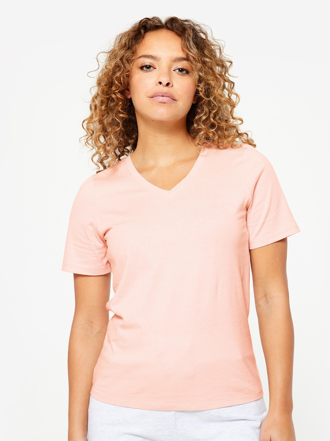 

Domyos By Decathlon Women's V-Neck Cotton Fitness T-Shirt, Pink