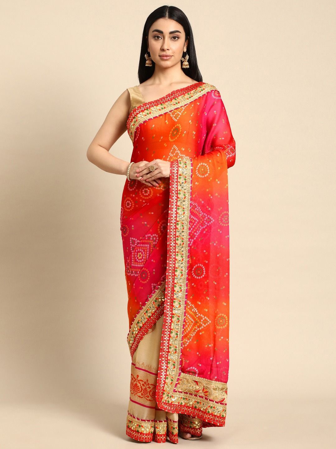 

DIVASTRI Bandhani Gotta Patti Poly Georgette Bandhani Saree, Beige