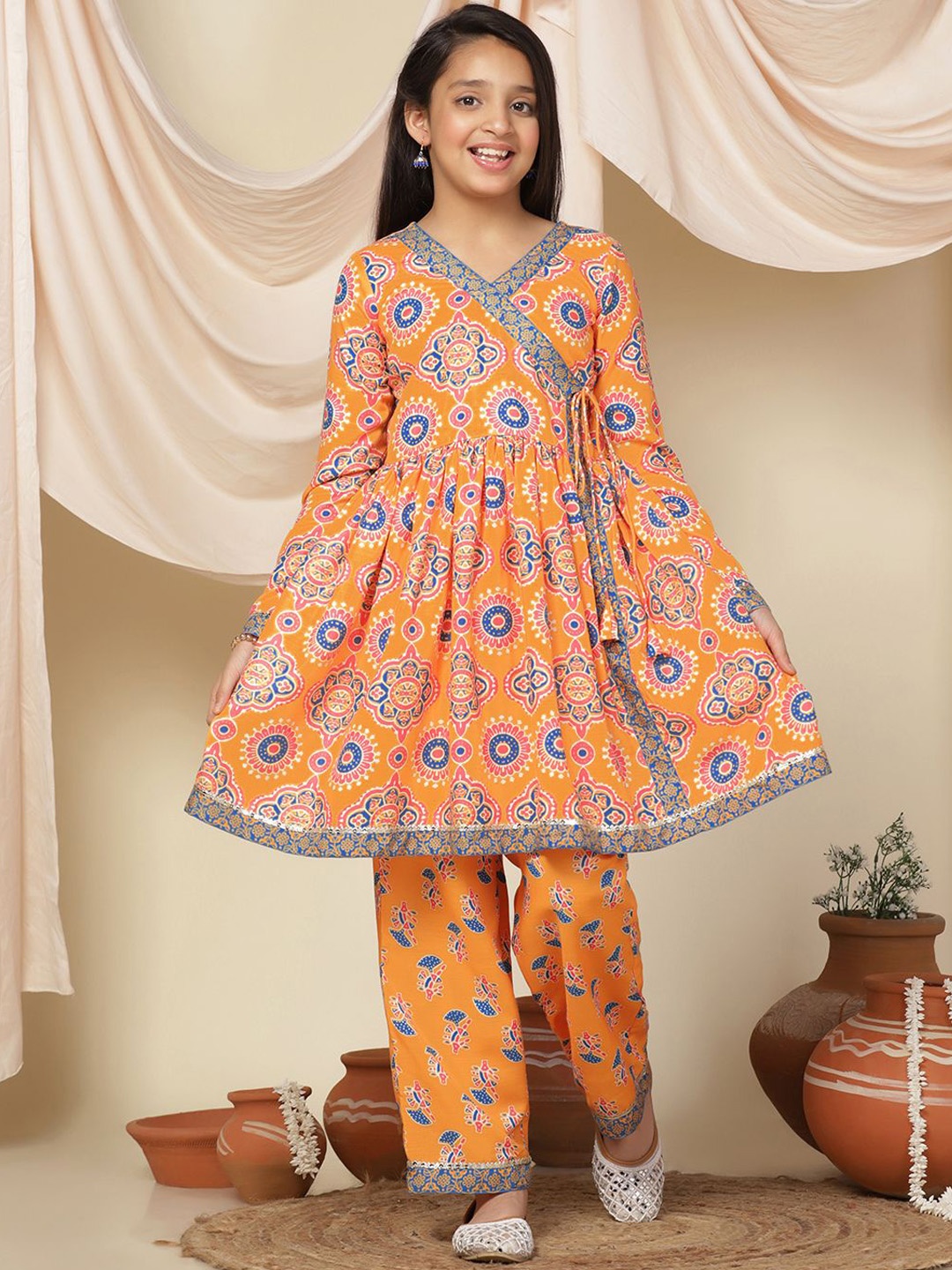 

Sangria Girls Floral Printed Angrakha V-Neck Anarkali Kurta With Trouser, Orange