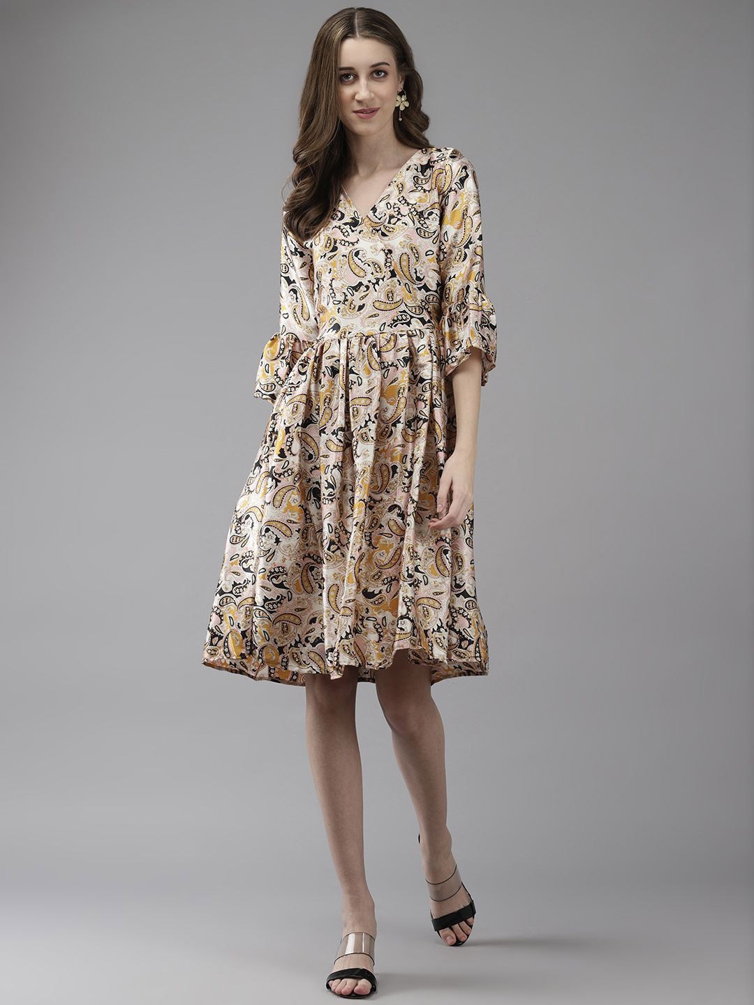 

CORSICA Floral Print Bell Sleeve Crepe Fit & Flare Dress, Multi