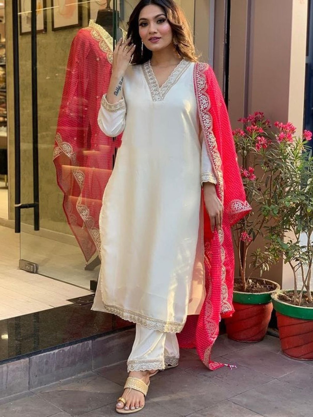 

NKV Floral Embroidered V Neck Gotta Patti Kurta With Trousers And Dupatta, Cream