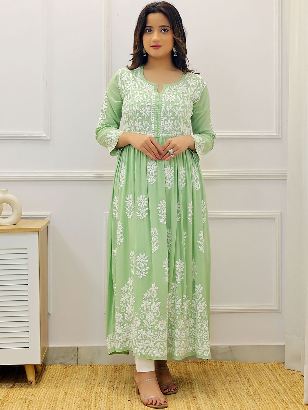 

The Chikan Label Ethnic Motifs Embroidered Chikankari Anarkali Kurta, Green