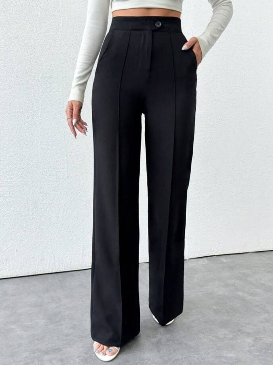 

BROADSTAR Women Smart Straight Fit High-Rise Easy Wash Pleated Trousers, Black