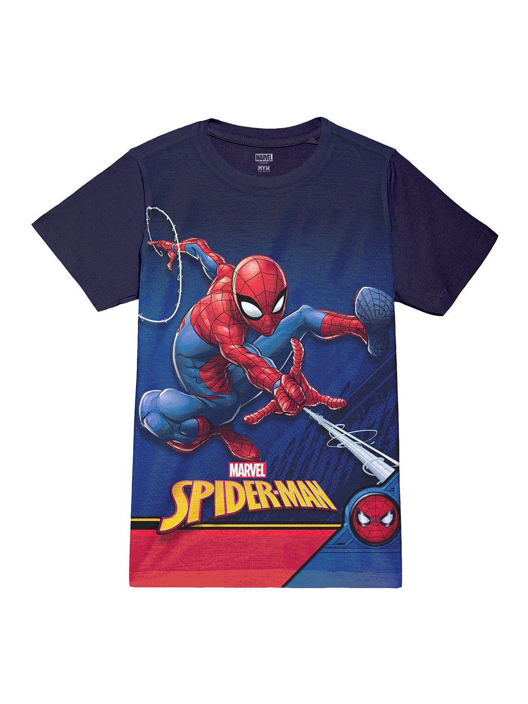 

Wear Your Mind Boys Spider-Man Graphic Printed Round Neck Regular Fit Cotton T-shirt, Navy blue