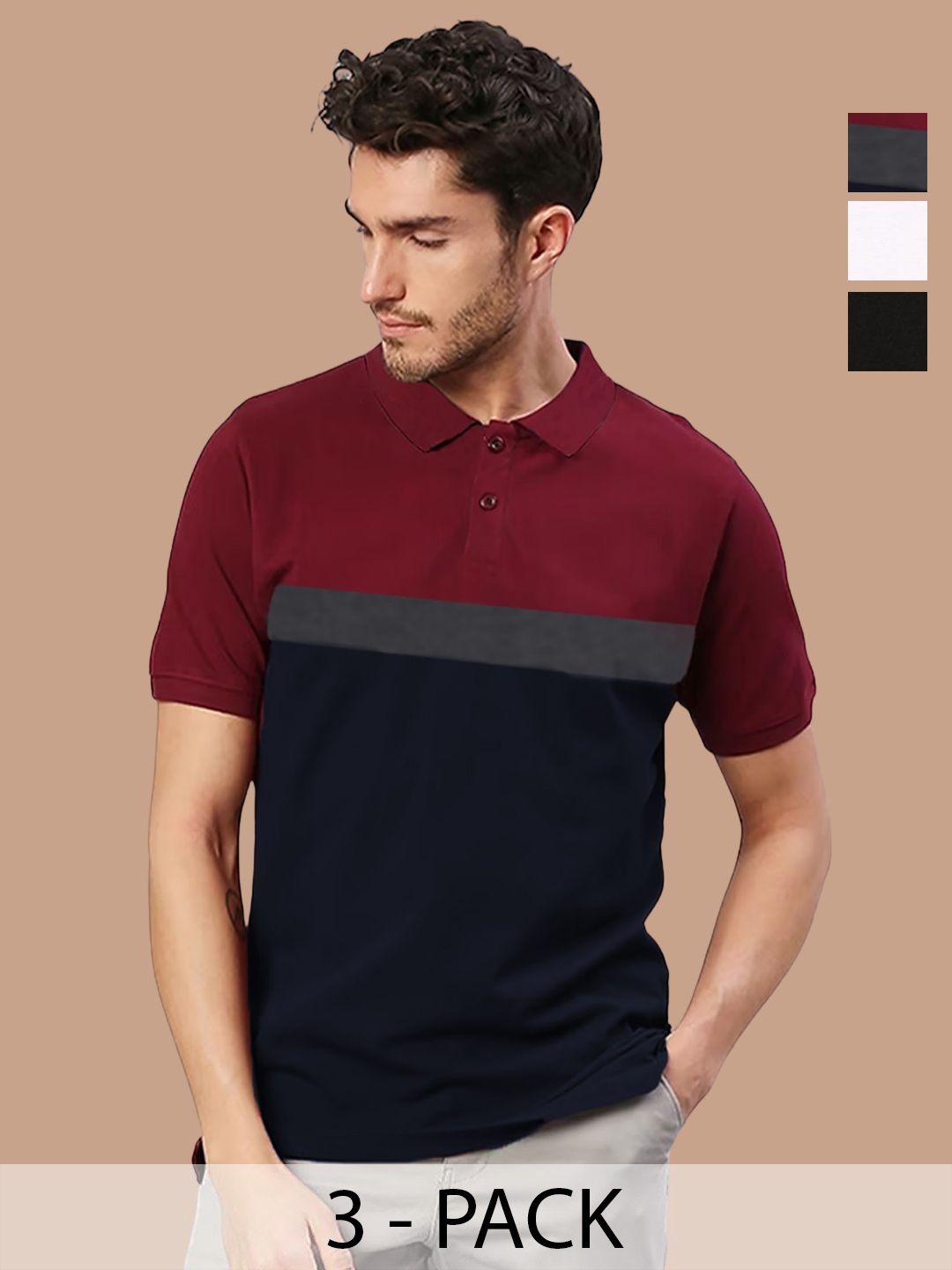 

Leotude Men Pack Of 3 Colourblocked Polo Collar Cotton T-shirts, Red