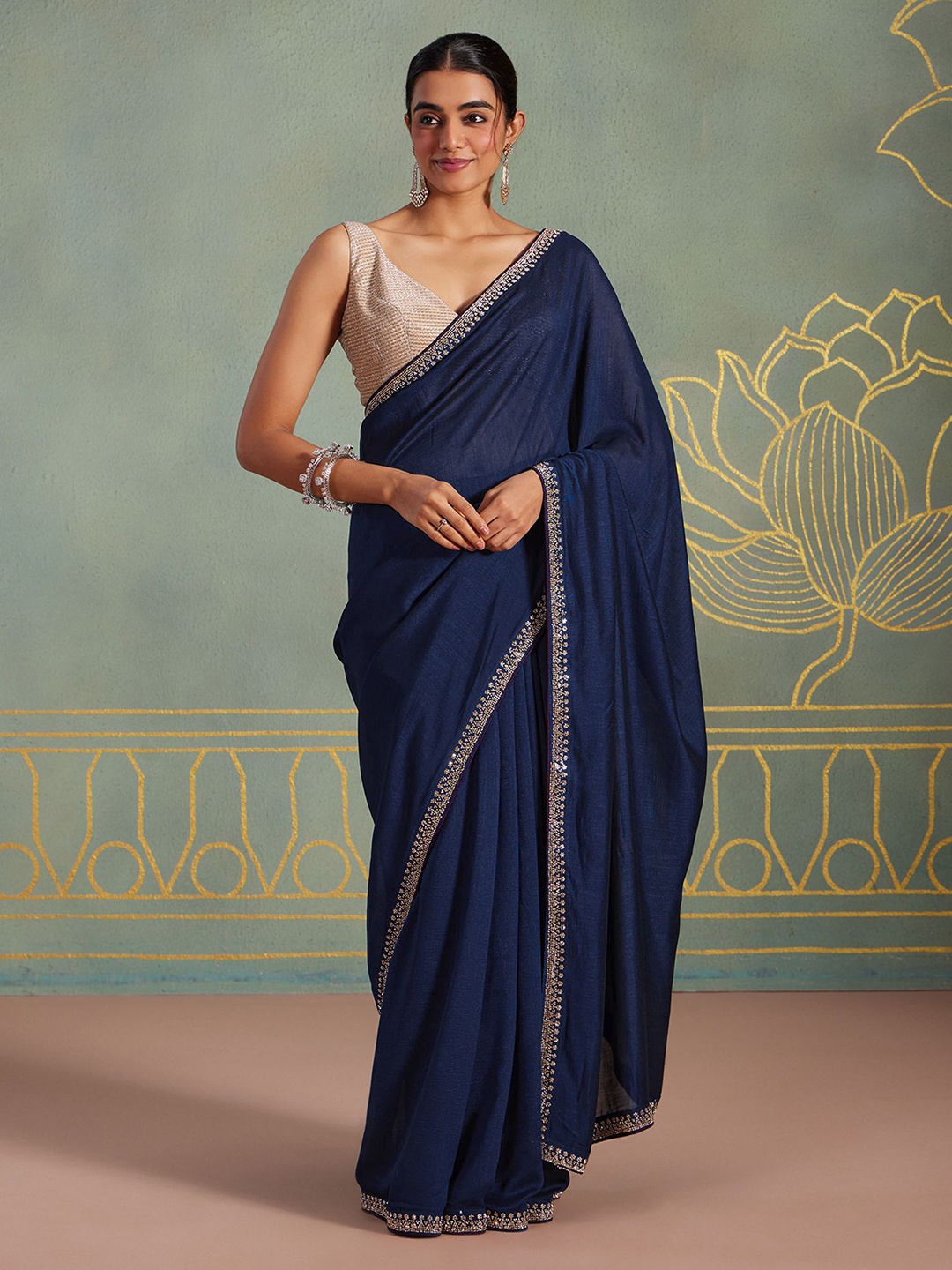 

Mitera Women Beads and Stones Art Silk Saree, Navy blue