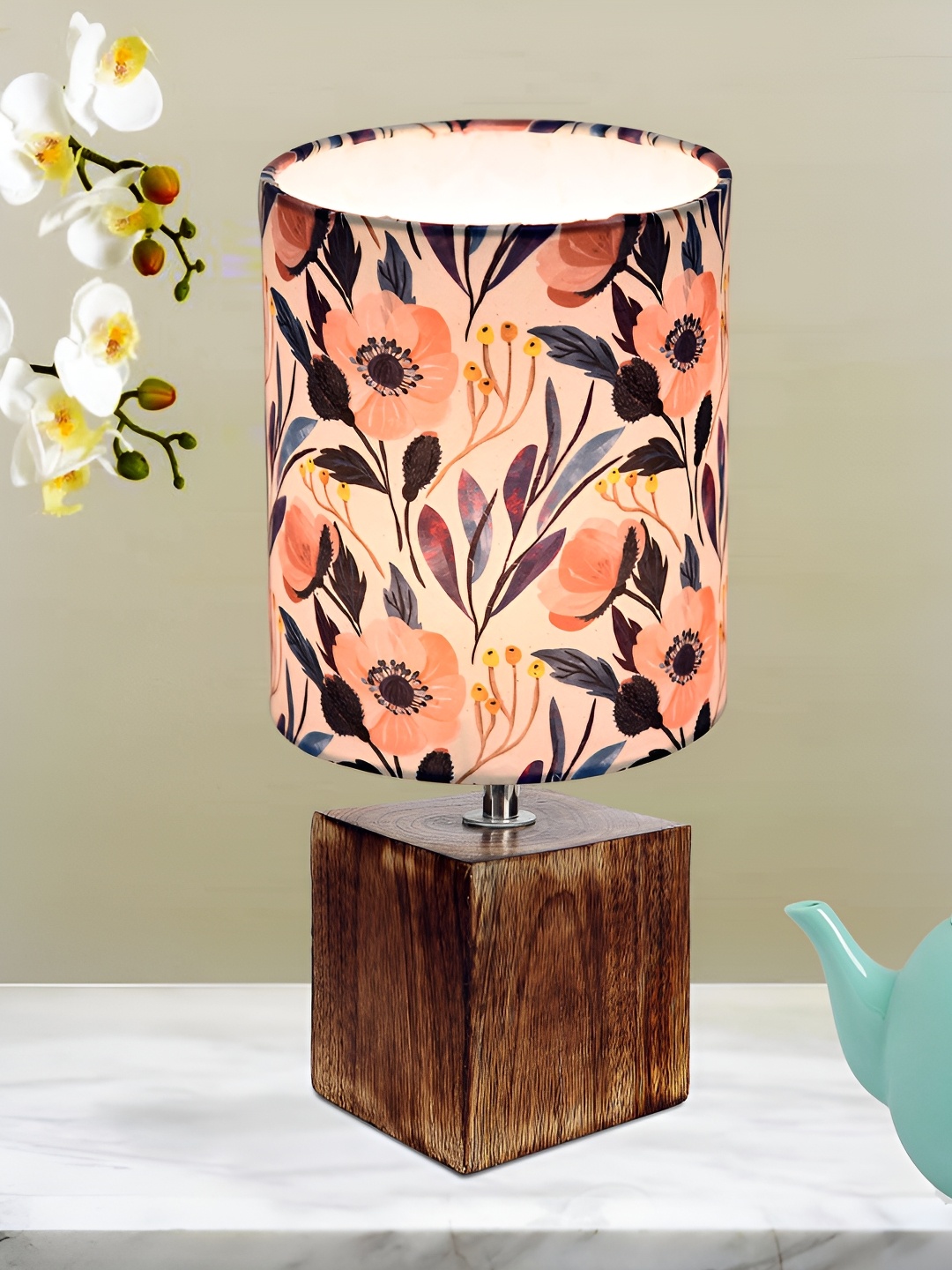 

Homesake Blue Floral Printed Cylindrical Shaped Wooden Table Lamp, Peach