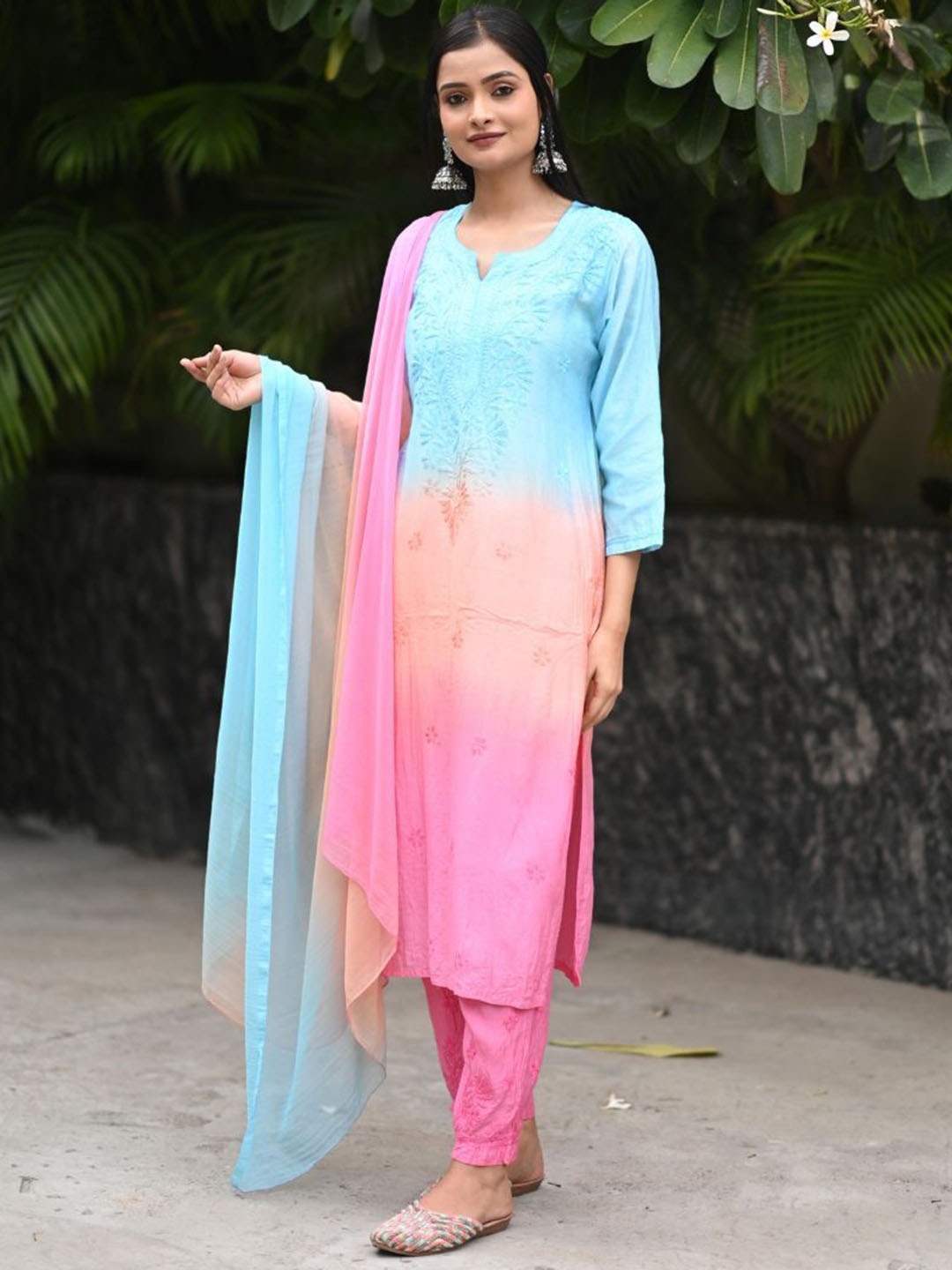 

Rangreza Ethnic Women Floral Chikankari Chanderi Cotton Kurta with Trousers & Dupatta, Blue