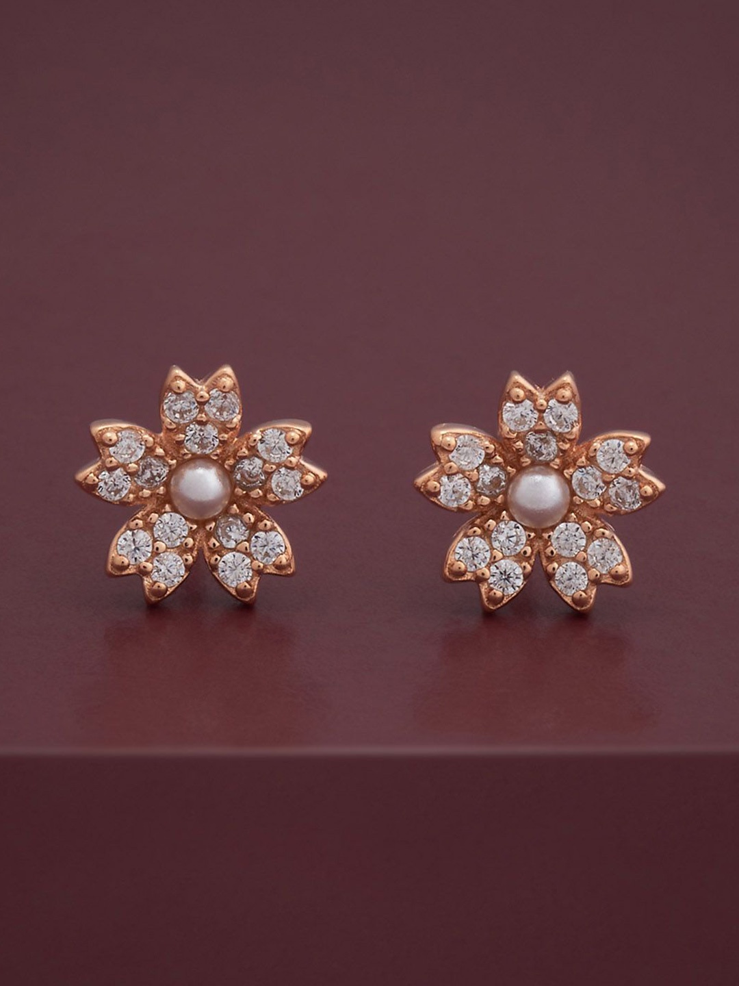 

Kushal's Fashion Jewellery 92.5 Silver Rose Gold-Plated Zircon Floral Studs