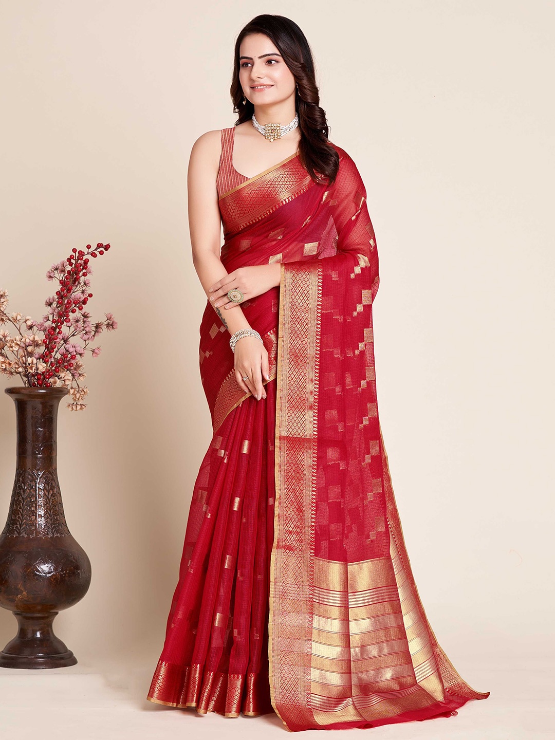 

DIVASTRI Woven Design Zari Silk Blend Saree, Red