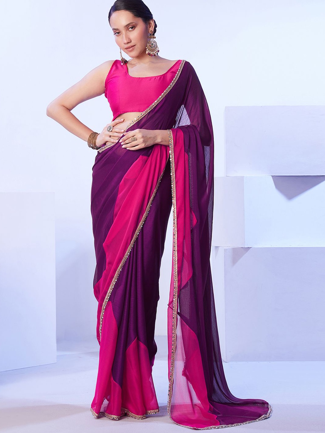 

Satrani Mirror Work Pure Chiffon Half and Half Saree, Purple