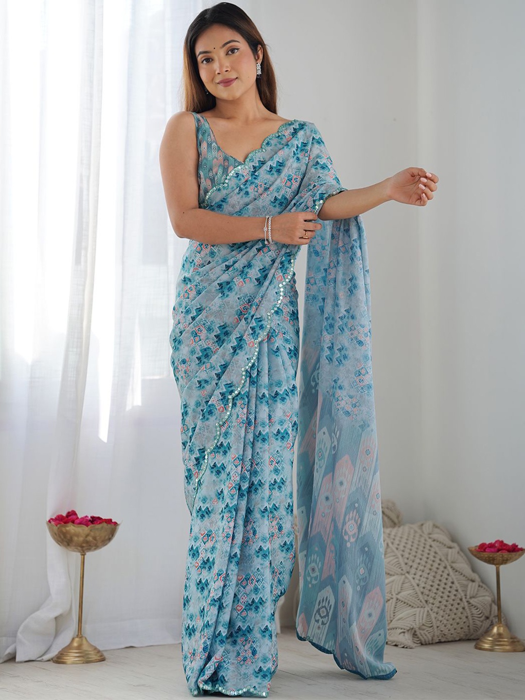 

LeeliPeeri Designer Mirror Work Printed Saree With Unstitched Blouse Piece, Blue