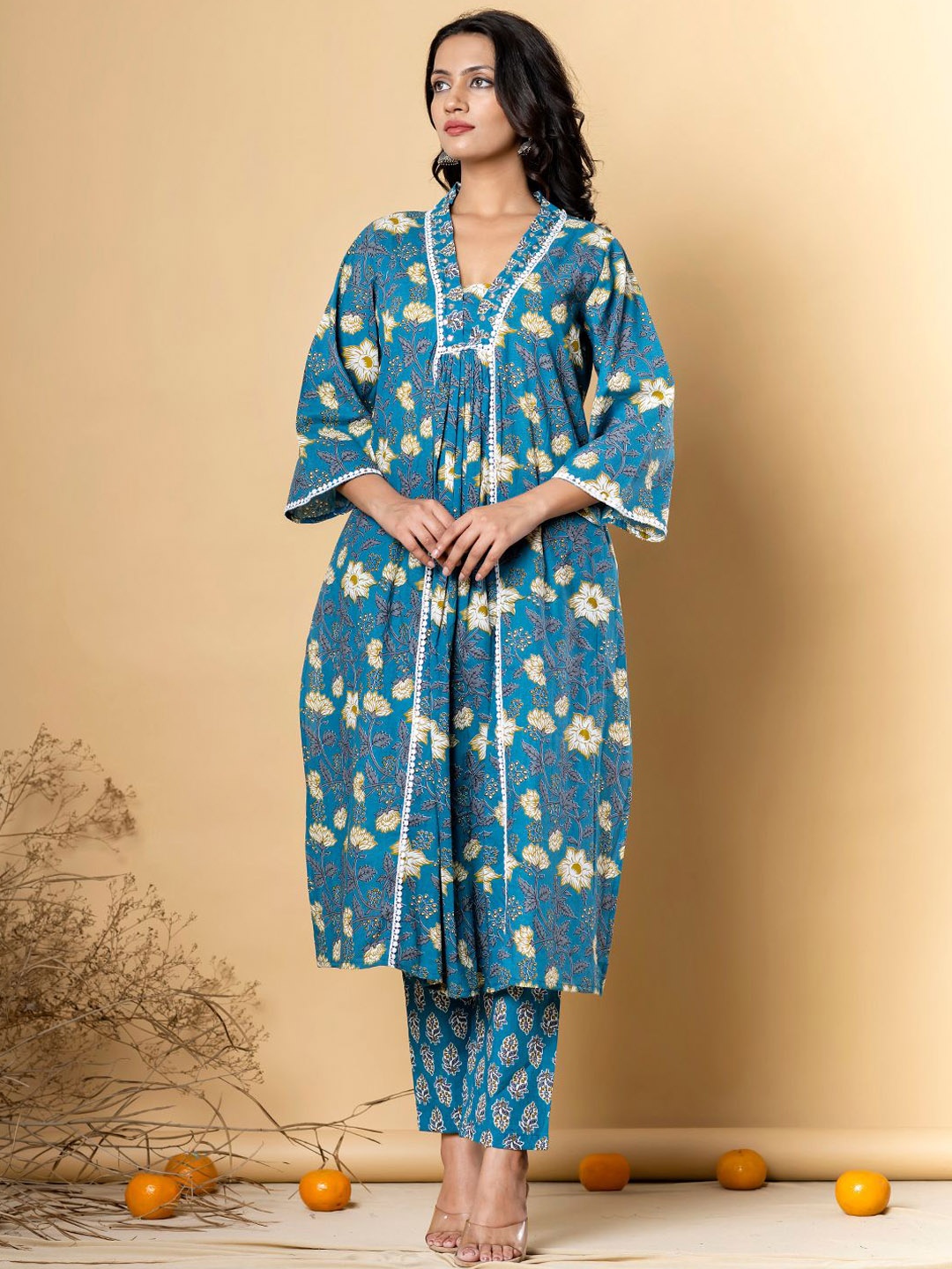 

Readiprint Floral Printed V-Neck Pleated Pure Cotton A-line Kurta With Trousers, Blue