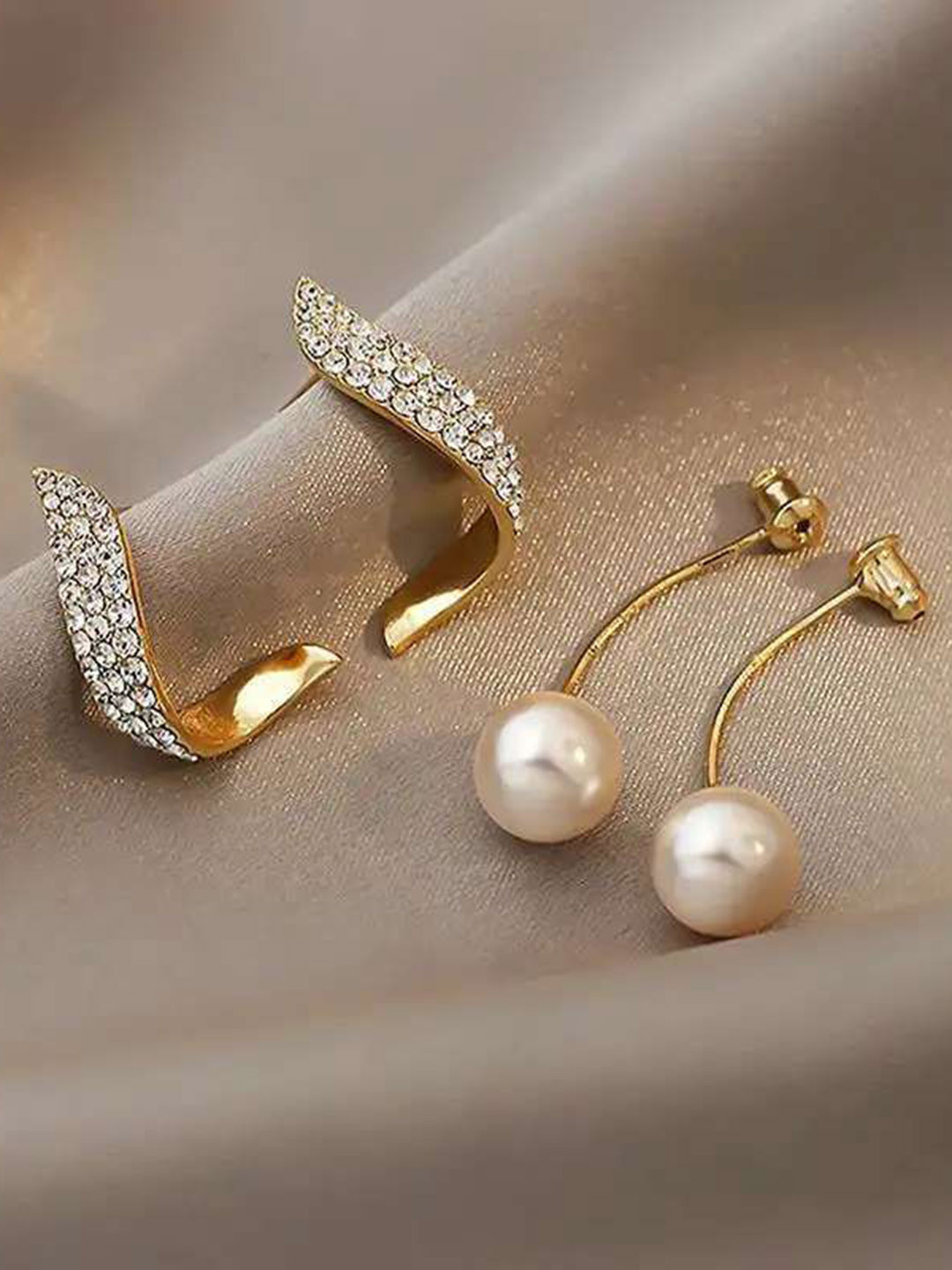 

Celestique Artificial Stones Studded And Pearls Beads Contemporary Shaped Drop Earrings, Gold