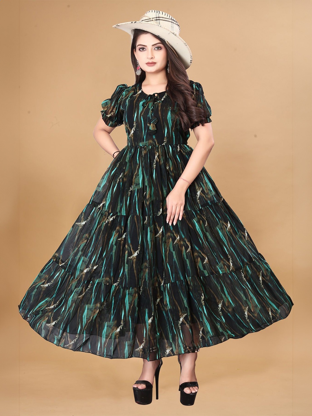 

KRISHTI CREATION Print Puff Sleeve Georgette Fit & Flare Maxi Dress, Green