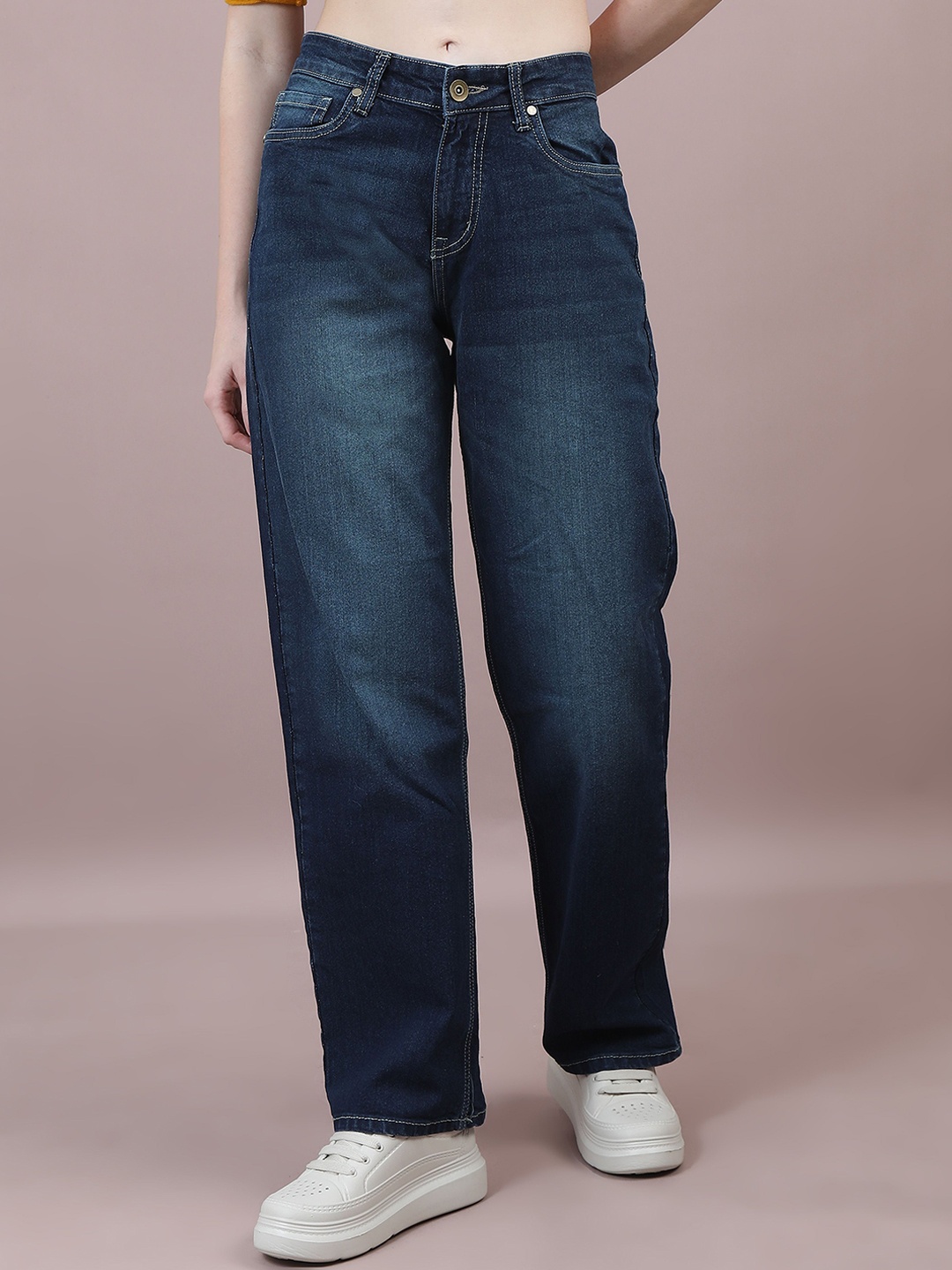 

FLYTIVE Women Comfort High-Rise Dad Fit Heavy Fade Stretchable Jeans, Blue