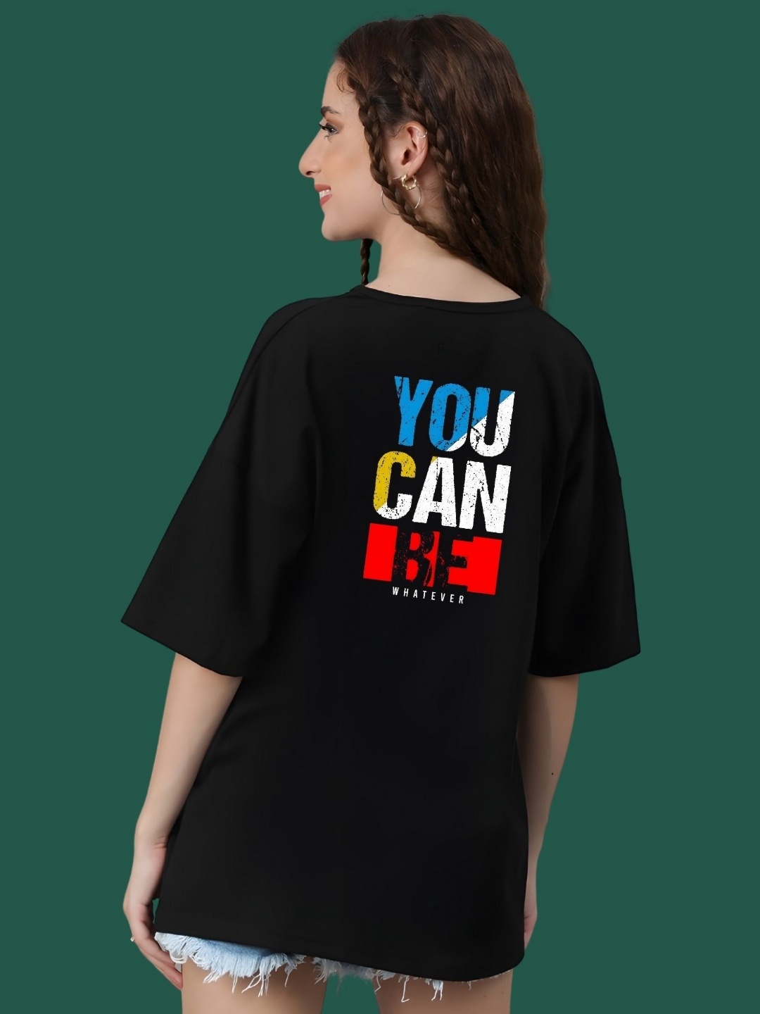 

DressBerry Women Typography Printed Round Neck Cotton Oversized T-shirt, Black